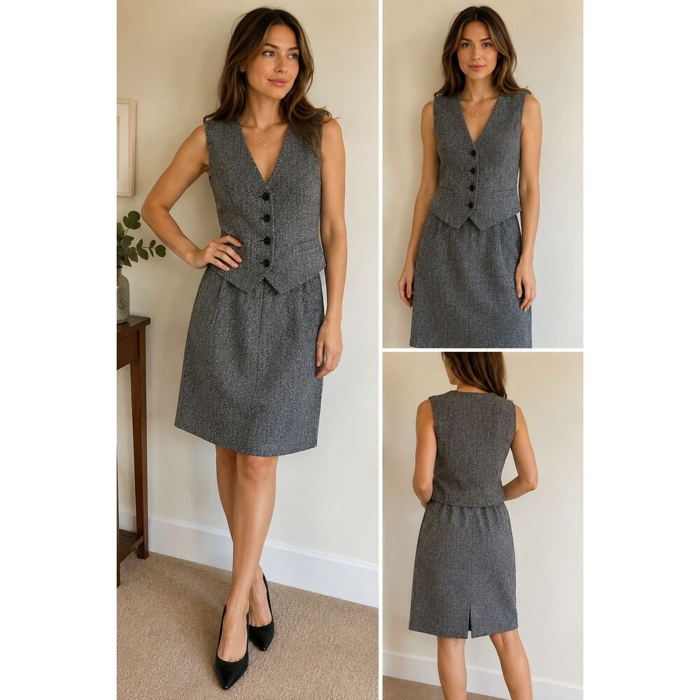 Vintage 90s Melrose Herringbone Vest Skirt Set Women’s L Gray Made USA